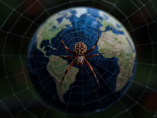 une araignee tissant sa toile autour du globe terrestre en allusion au web