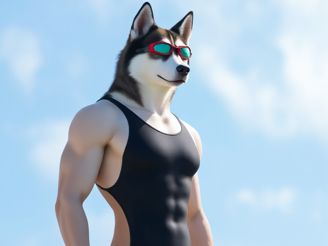 A tall and lean anthropomorphic Siberian husky with a long torso and broad shoulders wearing a high cut Nike one piece swimsuit and swimming goggles