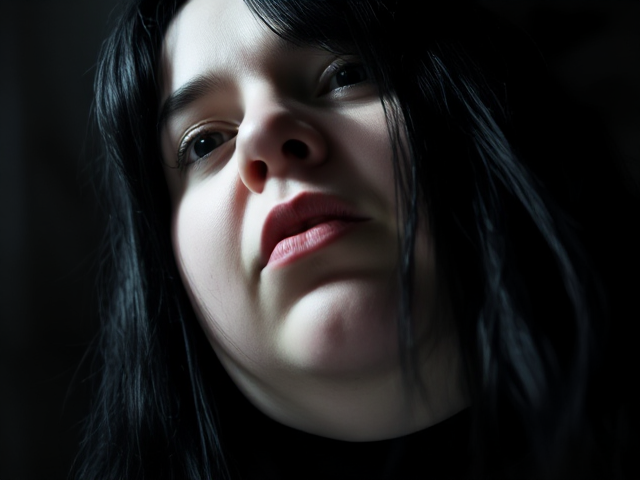 An obese albino woman 33 years old long black hair