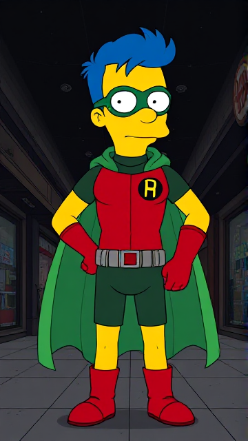 Cartoon scene: Milhouse Van Houten from The Simpsons, with his yellow skin, really big round nose, and blue hair that's slicked back and curled up at the top, but as a tall, 18-year old teenager, dressed as a parodied version of Robin, The Boy Wonder, with an extremely muscular body, wearing a dark green bodysuit with a red torso adorned with a small black circle with a light-green "H" symbol on his left pectoral, a silver utility belt with a red square buckle with silver pouches attached to it that hold all of his unique gadgets, red boots, red long-cuffed gloves, a really big, toe-length long, ultra-wide light-green cape wreathed around his neck held up by an inverted silver triangular button, and a light-green eye mask with optical lenses in it that protects his true identity, now known as Houseboy, The Nerd Wonder, the other half of Springfield's Dynamic Duo, and one of the greatest vigilante superheroes ever known in Springfield. In this scene, Houseboy is currently standing in a dark, abandoned mall at night, investigating the scene of the crime.