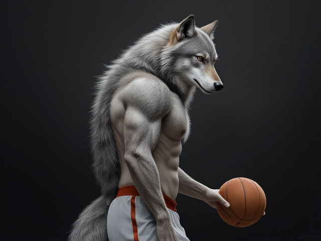 A tall and lean anthropomorphic gray wolf basketball player