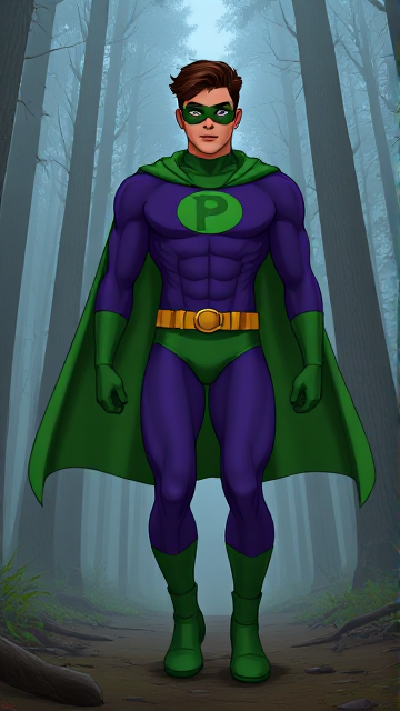 Cartoon scene: A young, Autistic 25-year old boy with light skin and flat, smooth, and slick brown hair named T.J. Granger, but transformed into a genetically-altered superhero named Powerman, who, despite still being a young adult kid, has an extremely muscular body. He wears a sleek purple suit with a green P symbol on his chest, a gold belt with a circular buckle, green briefs, green boots, green long-cuffed gloves, a really big, heel-length long, ultra-wide green cape wreathed around his neck, and a green eye mask that protects his true identity. He also has incredible and invincible superpowers flowing through his veins. In this scene, Powerman is currently walking through a foggy forest, searching for a lost citizen to rescue.