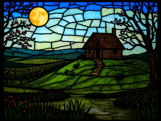 A medieval stained glass of a medieval hut on Glastonbury Tor surrounded by an apple orchard and a foggy swamp with fireflies.