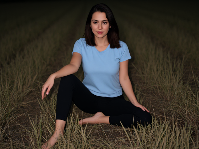 Woman with dark brown hair wearing a light blue t shirt and black yoga pants on the floor in a dark field