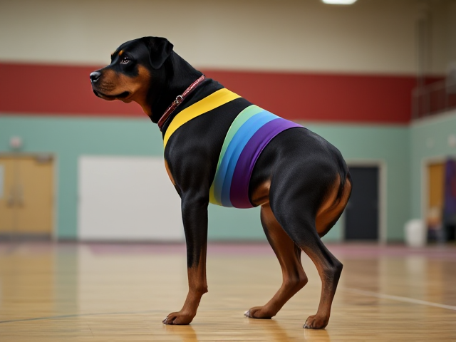 Anthropomorphic Rottweiler wearing a colorful gymnastics leotard, emphasizing its strong hips, in a vibrant gymnasium setting