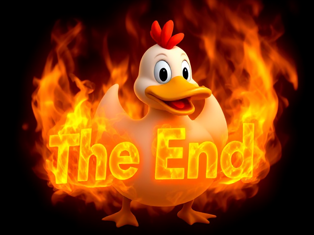 A vibrant and energetic animated duck with the words "The End" engulfed in vivid, intense flames
