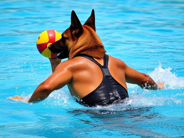 Anthropomorphic German shepherd playing water polo, detailed swimsuit design, muscular physique, dynamic pose, sunlight glistening on wet fur, vibrant aquatic setting