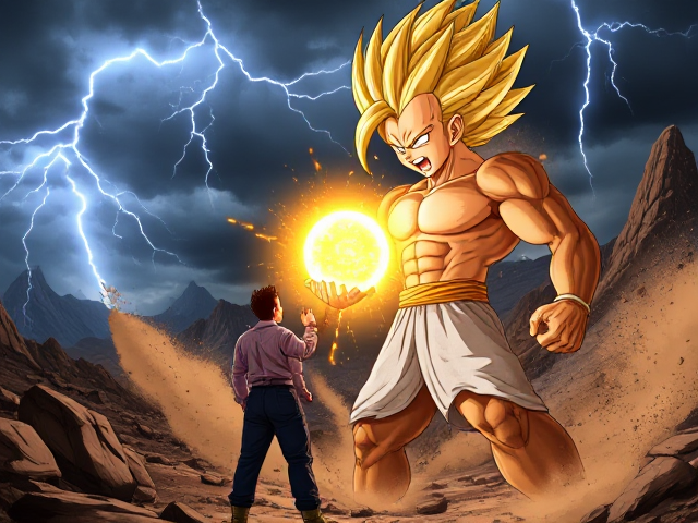 Vegeta transforming into a Super Saiyan with a fierce, pulsating golden aura surrounded by crackling energy and electric sparks. His muscles are sharply defined, veins bulging with power, eyes glowing with determination, and his face twisted in an intense expression of focus. Frieza stands in front, visibly terrified and shocked, eyes wide, mouth agape. The dramatic scene unfolds on jagged rocky terrain scattered with debris and swirling dust under a dark stormy sky with lightning flashes illuminating the clouds. Dynamic lighting casts striking shadows while vibrant colors enhance the intensity of their standoff. Intricate textures on Vegeta's armor and skin highlight fine details in expressions and movements. A glowing energy sphere forms menacingly in Vegeta's hand as dust particles float dramatically around him. The scene captures the raw intensity of their confrontation with vivid contrast between light and shadow, emphasizing the turbulent atmosphere with winds rippling through Vegeta's spiky hair and torn battle attire. Frieza's metallic armor gleams ominously under lightning bolts illuminating the battlefield, adding depth to the chaotic scene. Intense focus on facial expressions highlights the emotional gravity of this climactic moment as Vegeta roars with unleashed power. Additional details include cracks forming in the ground beneath Vegeta from sheer power output, distant mountains silhouetted against flickering skies reflecting their massive scale and grandeur while sparks fly off fragments of rocks dislodged by their energy clash. Fine grains of dust catch glimmers of light amidst swirling chaos; rippling cloth textures visible in close-up; electric arcs trace paths across rugged terrain