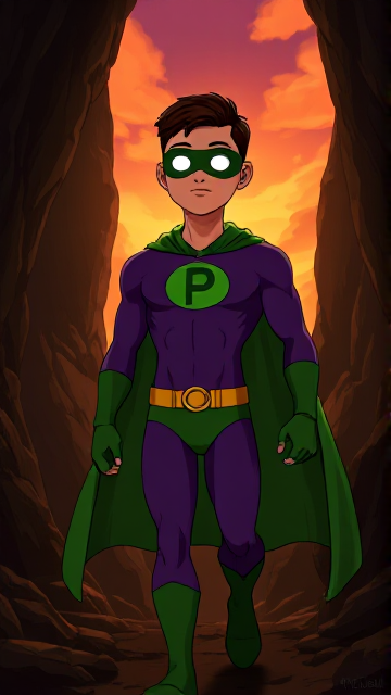 Dramatic Cartoon scene: A young, Autistic 25-year old boy with light skin and flat, smooth, and slick brown hair with a singular curled bang in the shape of a P sticking out at the front named T.J. Granger, but transformed into a genetically-altered superhero named Powerman, who, despite still being a young adult kid, has an extremely muscular body. He wears a sleek purple bodysuit with a green P symbol on his chest, a golden belt with a circular buckle, green briefs, green boots, green long-cuffed gloves, a really big, toe-length long, ultra-wide green cape wreathed around his neck, and a green eye mask that protects his true identity and also causes his pupils to magically disappear as his eyes glow an eerie white. He also has incredible and invincible superpowers flowing through his veins. In this scene, Powerman is currently walking through a dark cavern, searching for a lost citizen that has been kidnapped.