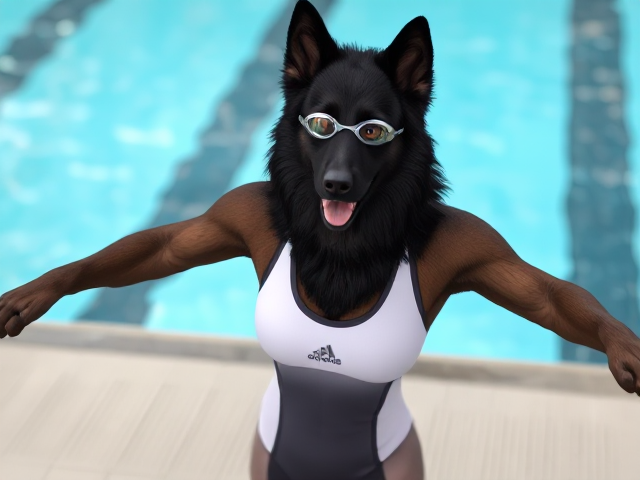 A tall anthropomorphic long haired black German shepherd wearing an adidas swimsuit and swimming goggles stretching her arms before a swim
