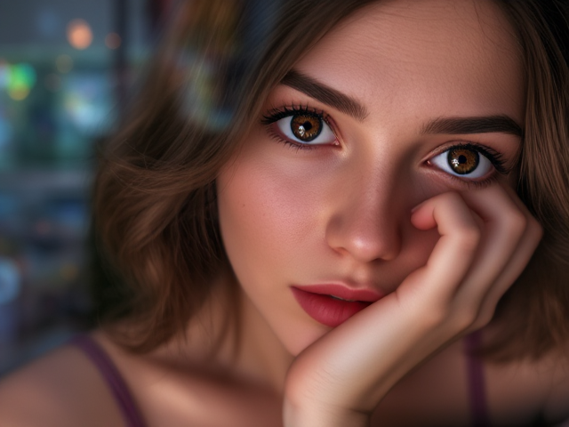 beautiful woman with beautiful hazel eyes in a contemplative pose, surrounded by surreal reflections symbolizing heartbreak, painted in hyper-realistic detail with dreamlike colors, expressing sadness and liberation, intricate textures and ethereal lighting, digital painting with vibrant brushstrokes, emotional surrealism