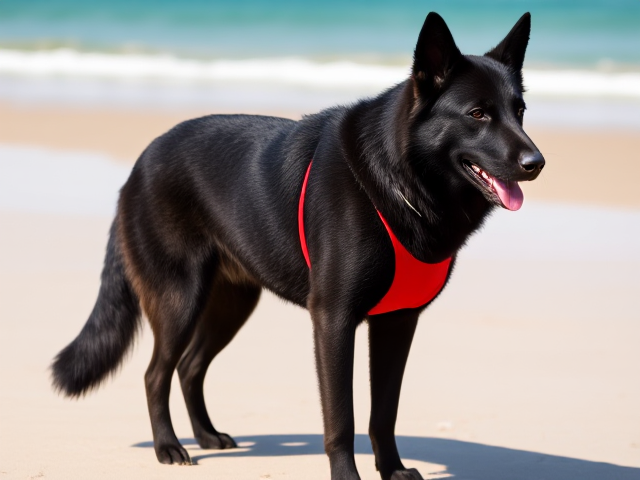 Anthropomorphic black German shepherd with well-defined strong hips, wearing a bright red lifeguard one-piece swimsuit, standing confidently on a sunny beach, realistic fur texture, dynamic pose
