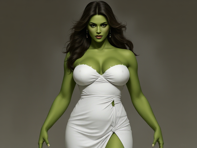 Create image of green She-Hulk wearing a badly torn white dress standing.