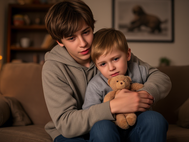 tall skinny older teenage boy with messy hair, wearing a worn-out hoodie and jeans, gently hugging his sad little brother, who has tear-filled eyes and is clutching a small teddy bear in a cozy living room setting with warm lighting