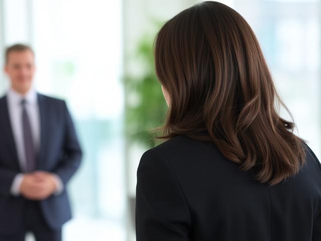 Brunette wearing a light blue blouse and a black suit viewed from the side meeting the president of her company