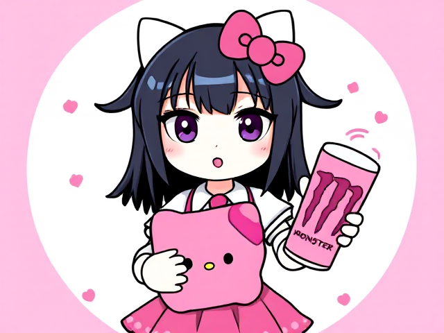 Kuromi in Hello Kitty. Have her hold a pink Monster Energy