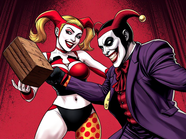 Harley Quinn hitting the joker with a  large mallet