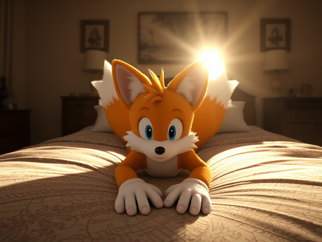 A highly detailed and realistic top-down shot of Miles Tails Prower, the two-tailed anthropomorphic fox from the Sonic the Hedgehog video game series, lying on his stomach on a bed in a well-decorated and lifelike bedroom with intricate textures. Tails is in a very adorable pose with his back paws up in the air and his flat on the bed, showing the digital pads of his feet. The soft lighting highlights the fur details, surrounded by cozy elements like pillows and blankets. The scene features a rich color palette, visible wood grain furniture, and subtle background decorations such as framed pictures and ambient light sources. Tails is not wearing shoes or gloves, with extra prominent detail on his two tails