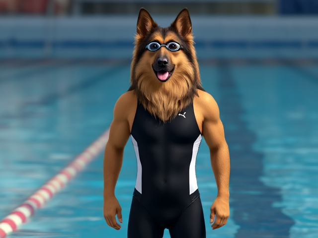A anthropomorphic long haired German shepherd Olympic swimmer standing tall, while wearing a one piece swimsuit and swimming goggles