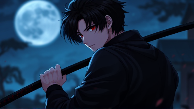 Neo Hargraves. A 18 year old boy with dark hair and red eyes. Son of Hardes. With a black Katana. Death abillitie facing a massive hord of Shadow Monsters. neo wears a stylish all black lock and is covert in bloodi wounds. Give him a Dark Aura