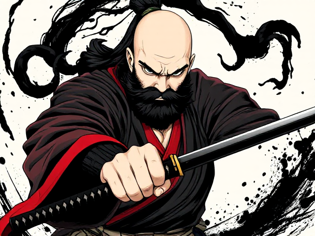 a dynamic, anime-style illustration of a fierce samurai warrior. The warrior should have a focused, intense expression, with a bald head, a rugged bushy beard, and a traditional black and red samurai robe that's slightly tattered. His hand grips a katana with the blade drawn downward. Black, inky tendrils swirl around him, adding a sense of dark, chaotic energy. The background should be minimal to keep focus on the samurai, with brushstroke-style effects and splashes that enhance the dramatic, intense atmosphere. The art style should have rough, bold lines and a monochromatic colour palette with high contrast.