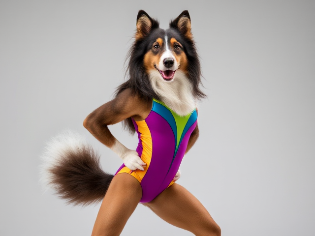 Anthropomorphic rough collie with strong hips, wearing a colorful gymnastics leotard, dynamic pose, detailed fur and vibrant colors