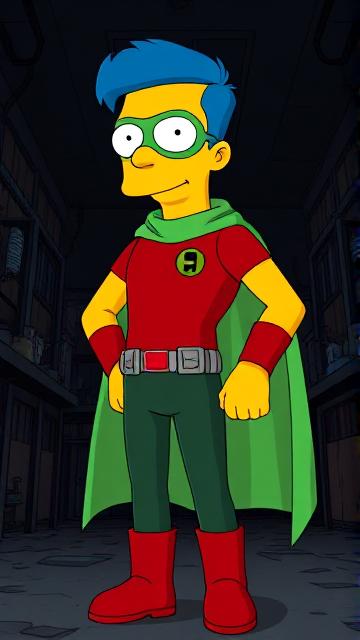 Cartoon scene: Milhouse Van Houten from The Simpsons, with his yellow skin, really big round nose, and blue hair that's slicked back and curled up at the top, but as a tall, 18-year old teenager with an extremely muscular body, dressed as a parodied version of Robin, The Boy Wonder, wearing a sleek dark green bodysuit with a red torso adorned with a small black circle with a light-green "H" symbol on his left pectoral, a silver utility belt with a red square buckle with silver pouches attached to it that hold all of his unique gadgets, red boots, red long-cuffed gloves, a really big, toe-length long, ultra-wide light-green cape wreathed around his neck held up by an inverted silver triangular button, and a light-green eye mask with optical lenses in it that protects his true identity, now known as Houseboy, The Nerd Wonder, the other half of Springfield's Dynamic Duo, and one of the greatest vigilante superheroes ever known in Springfield. In this scene, Houseboy is currently standing in a dark, abandoned laboratory at night, looking for clues to the mystery he is trying to solve.