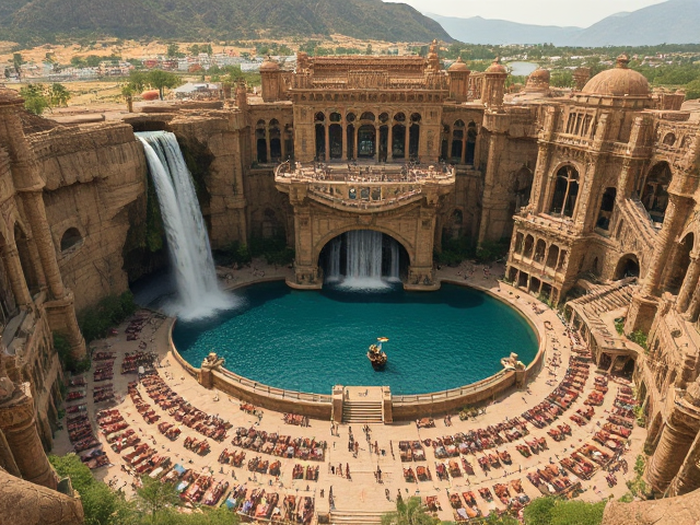 La Cité des Elfes : Une Merveille 
La cité des elfes, connue sous le nom de Xal'atun, était une merveille architecturale qui alliait beauté naturelle et prouesse technique. Perchée sur trois niveaux, la capitale était un exploit d'harmonie entre l'architecture et la nature, construite au bord d'une immense rivière qui se divisait en deux, créant une séparation majestueuse dans la montagne.

Un Palais Royal Sculpté dans la Roche
Au centre de cette cité se dressait le Palais Royal, une structure impressionnante sculptée directement dans la roche. Les murs de ce palais brillaient sous les rayons du soleil, ornés de motifs complexes représentant des scènes de la mythologie elfique et des histoires de héros anciens. Des escaliers monumentaux, s'élevant majestueusement à droite et à gauche, menaient aux niveaux inférieur de la cité, reliant les différentes couches d'habitations, de jardins suspendus et de sanctuaires.

La chute d'eau, qui tombait du sommet de la montagne, créait un spectacle féerique. L'eau scintillante tombait d'un étage à l'autre, se déversant dans un grand lac qui se trouvait en dessous. Ce lac, d'un bleu profond, était un lieu de sérénité, où les elfes venaient méditer et se ressourcer. L'humidité et la fraîcheur de l'eau apportaient une vie luxuriante tout autour, avec des plantes et des fleurs exotiques qui prospéraient dans cette atmosphère.

Le Grand Marché de Xal'atun
Autour du lac, se trouvait la plus grande place commerciale de la cité, animée par les cris des marchands et le bruit des visiteurs. Ce marché grouillant était un centre d'échanges où les elfes vendaient des produits artisanaux, des tissus colorés, des poteries délicates et des bijoux en pierres précieuses. Les senteurs des épices et des herbes se mêlaient à l'air, créant une ambiance vibrante et chaleureuse.

Les étals étaient disposés en cercles autour du lac, permettant aux habitants de profiter de la vue sur la cascade tout en se mêlant aux affaires. Les vendeurs appelaient les passants, offrant des échantillons de mets délicieux et des boissons rafraîchissantes à base de fruits locaux.

Le Port Maritime
En contrebas, à la base de la chute d'eau, s'étendait un port maritime animé, où la grande rivière rencontrait l'océan. Les elfes avaient construit des quais en bois et en pierre, permettant aux navires de commerce d'accoster et de décharger leurs cargaisons. Les bateaux ornés de voiles colorées naviguaient entre les rives, transportant des marchandises entre la cité et d'autres régions lointaines.

Le port était également un lieu de rencontre pour les voyageurs, les marins et les aventuriers, qui apportaient des histoires de leurs périples et des nouvelles des terres lointaines. Les rives étaient bordées de restaurants et de tavernes où l'on pouvait déguster des plats à base de fruits de mer fraîchement pêchés, tout en profitant de la beauté du paysage.