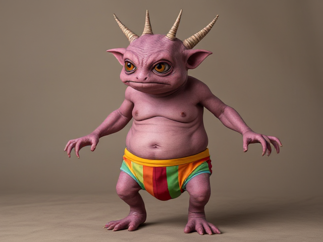 An repulsive looking imaginary creature in rainbow underwear