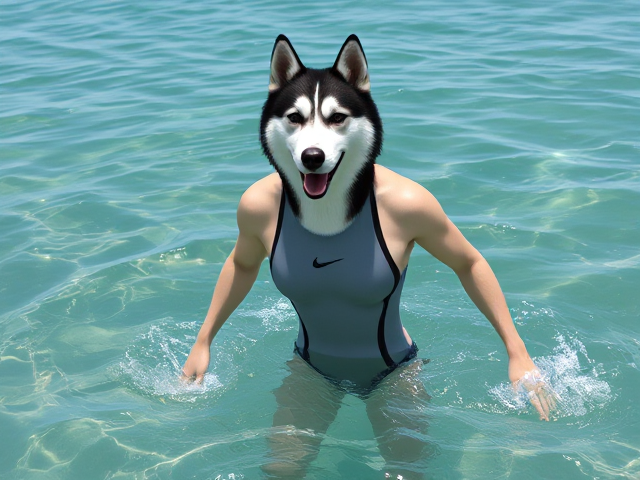 A tall anthropomorphic Siberian husky with a long torso and broad shoulders, wearing a high cut Nike one piece swimsuit while swimming in the ocean