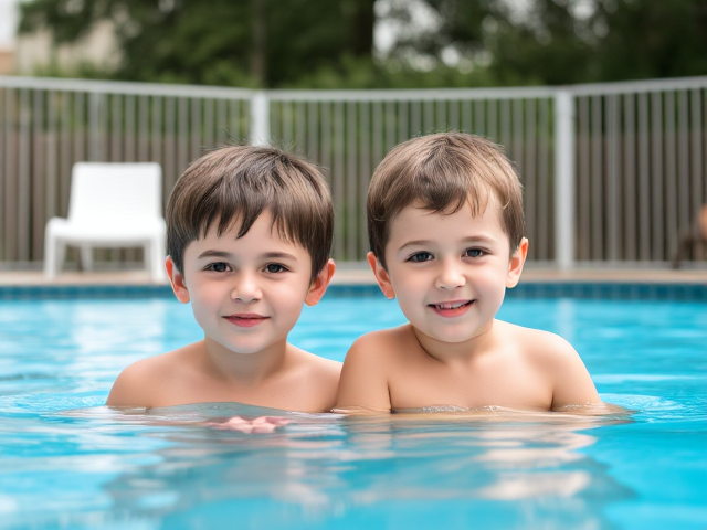 Two young twins pool