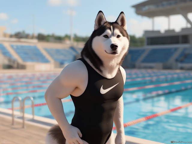 A anthropomorphic Alaskan malamute wearing a Nike one piece swimsuit while standing next to a Olympic sized swimming pool