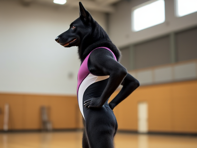 Anthropomorphic black German shepherd wearing a gymnastics leotard, posing with emphasis on its hips in a gymnasium setting, detailed and vibrant colors