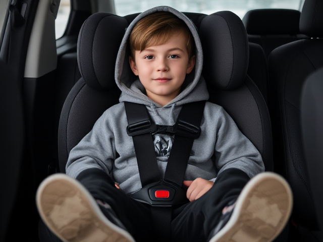 handsome teenage boy in baggy cloth and hoodie and sneakers sitting in a child seat buckled in a 5 point harness with red buckle button