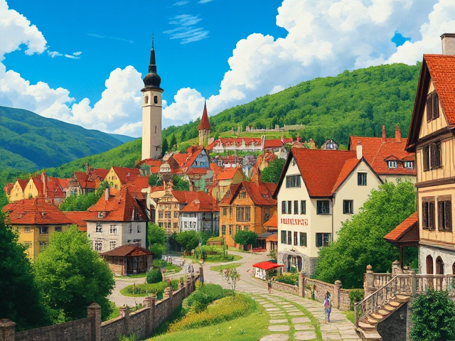 Landscape painting of a European village