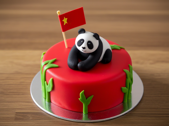 create a small circle red cake that has green bamboo on the sides of the cake but it’s 3d, one panda and the China flag on top of the cake