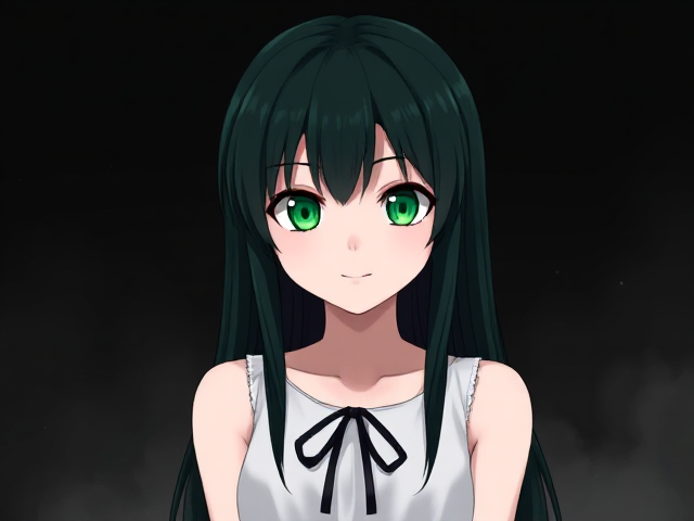 Prompt:

Create a digital illustration of a character inspired by Saya from Saya no Uta, with a similar appearance to the reference image. She should have long, sleek, dark greenish-black hair with slight spikes at the sides, giving her a unique silhouette. Her eyes are large, expressive, and a vibrant emerald green, adding an innocent but subtly unsettling aura. She wears a simple, sleeveless white dress that falls just above her knees, with a delicate black ribbon tied at the neckline. The background is minimalistic and dark to highlight her figure, with subtle shadows or faint mist to evoke a mysterious and dreamlike atmosphere. The character should have a gentle smile, creating a sense of innocence mixed with an eerie undertone.