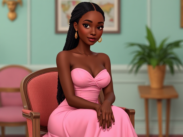 jeune femme noire de 19 ans avec des tresses, portant une élégante robe rose, assise gracieusement sur une chaise dans un environnement lumineux et détaillé