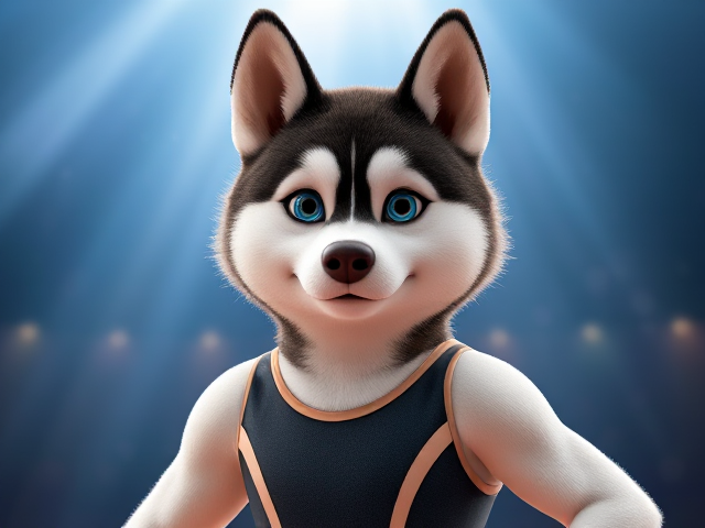 A Siberian Husky Olympic gymnast with broad shoulders wearing a leotard