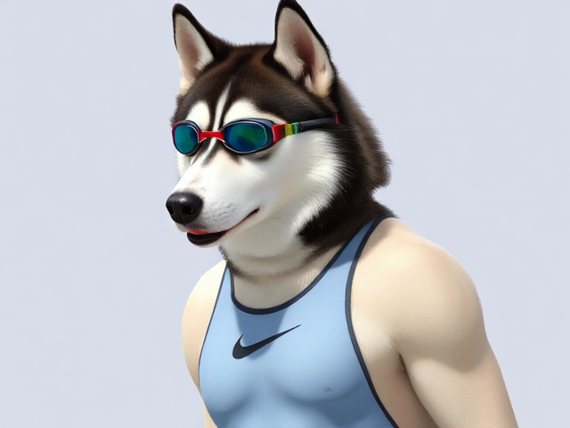 A tall Siberian Husky with a long torso and broad shoulders wearing a high cut Nike one piece swimsuit and swimming goggles