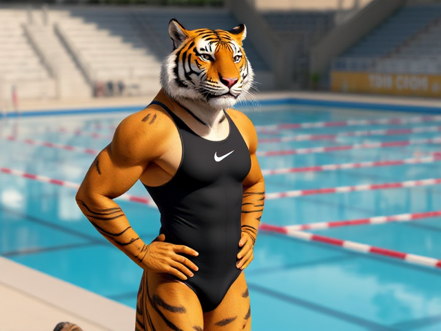 A tall and lean anthropomorphic tiger with a long torso and broad shoulders, wearing a high-cut Nike one piece swimsuit, while standing next to a Olympic swimming pool
