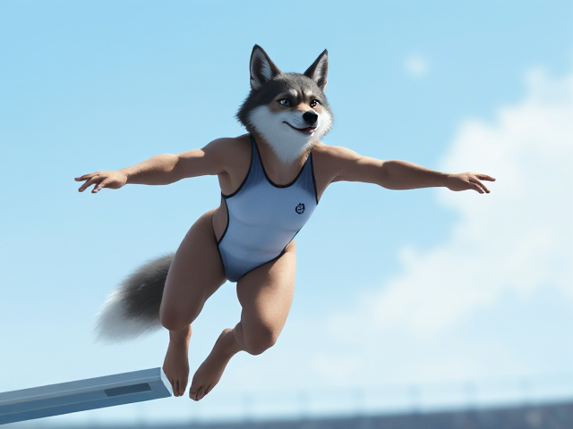 A anthropomorphic wolf Olympic diver wearing a high-cut one piece swimsuit jumping off a springboard