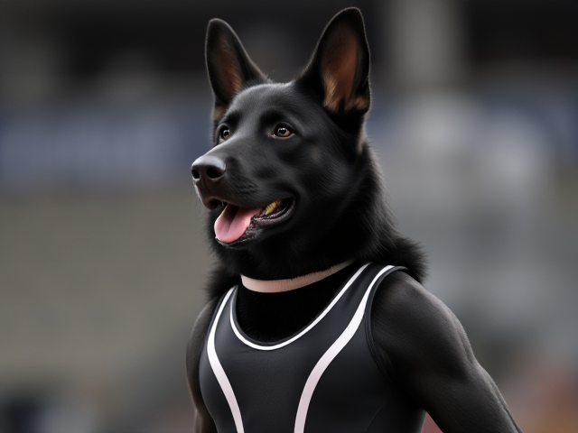 A anthropomorphic black German shepherd Olympic gymnast wearing a leotard