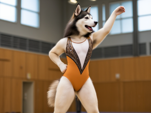 Anthropomorphic Alaskan malamute with strong hips, wearing a gymnastics leotard, performing in a gymnasium, detailed and dynamic pose