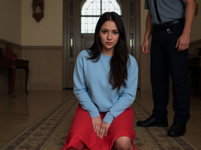 Thin brunette in her 20s with dark hair wearing a light blue sweatshirt and light red maxi skirt put on her knees by a man guard in a chamber