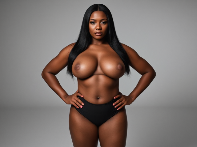 Beverly, a 45-year-old curvy, fit black woman with a commanding presence, standing in a stark, monochromatic room. Her severe expression, framed by long, straight hair that falls to her shoulders, exudes an air of confidence that seems to challenge the viewer. She wears a very tiny stretchy bikini that accentuates her voluptuous curves and toned physique, Beverly's posture is upright and uncompromising, with her hands firmly planted on her hips, as if daring anyone to question her authority or beliefs