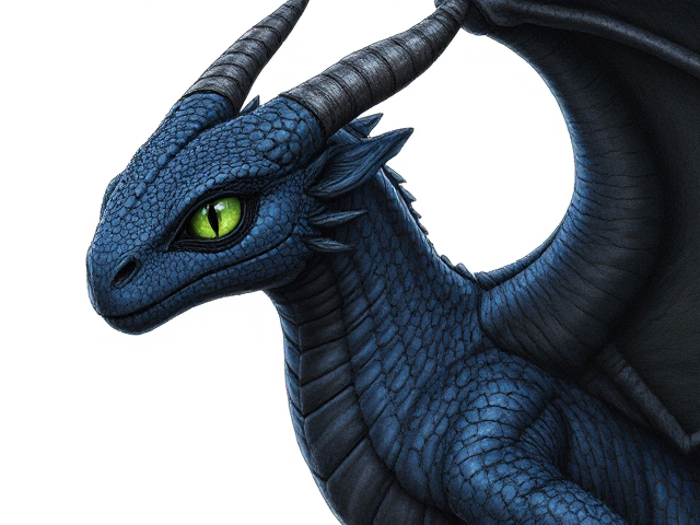 young female dragon that had midnight blue scales and dark obsidian-black wings. she had eyes that were green like poison ivy. she had small ears similar to a horse and small icicle-shaped horns that aligned her back jaw. she had a narrow, long yet beautiful face, long, twisted, dark brown horns, and was a great friend despite her sense of attempted maturity and seriousness. Her huge wingspan was as wider than herself, and she had a very long neck. she was cold-eyed and powerfully built, with scales that blend into the night. she moved maturely and purposefully