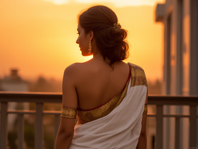 Skinny Indian woman with brown hair, white saree, and gold bangels, back facing the angle on a balcony