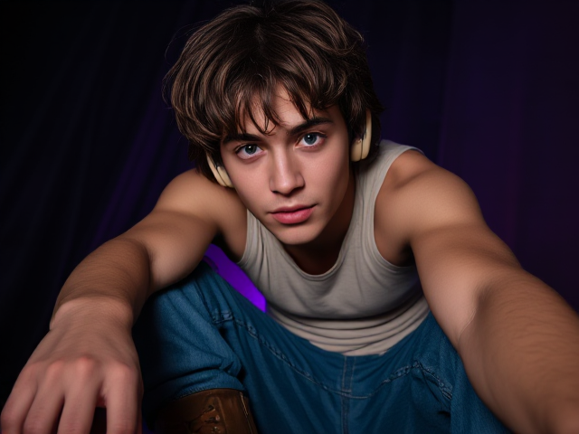 Sceencap of a Maori, European, 18 year old male, fit bodytyoe, with greyish blue eyes, mid-length shaggy layered curly hair, with curly brown fringe covering forehead, silver eyebrow piercing, silver earring on left ear, slightly visible mustache  wearing a beige tank top, blue baggy jeans, and brown leather boots., with beige headphones on wide angle, full body portrait, hiding from killer