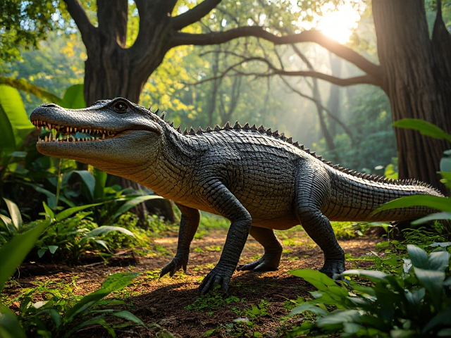 Alligatorsaurus, a hybrid creature combining features of an alligator and a dinosaur, set in a lush prehistoric jungle, detailed scales glistening under the sun, sharp teeth, powerful tail, surrounded by vibrant foliage and ancient trees